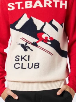 Herrenpullover mit Rundhalsausschnitt und Postkarten-Jacquarddruck des St. Barth Ski Club