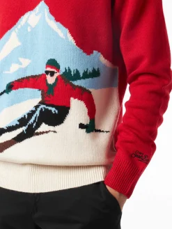 Herrenpullover mit Rundhalsausschnitt und Aspen-Postkarten-Jacquarddruck