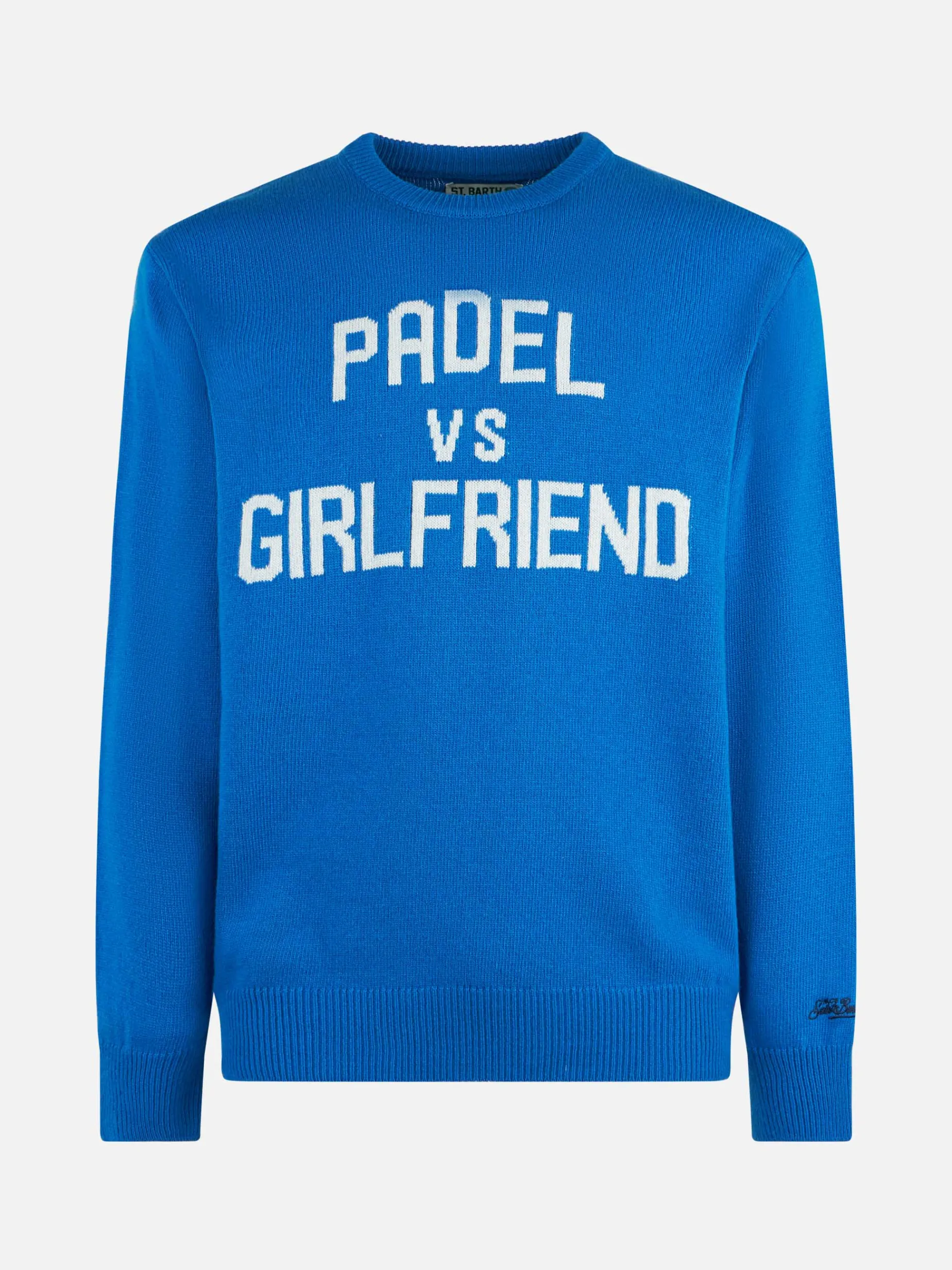 Herrenpullover mit Rundhalsausschnitt und Padel vs. Girlfriend-Jacquard-Print