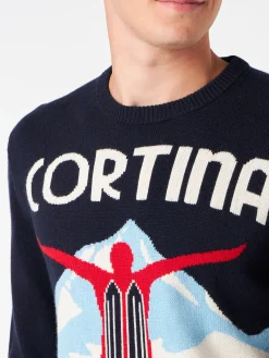 Herren-Pullover mit Rundhalsausschnitt und Cortina-Postkarten-Jacquard-Druck