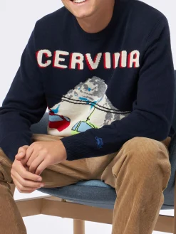 Herren-Pullover mit Rundhalsausschnitt und Cervinia-Postkarten-Jacquard-Druck