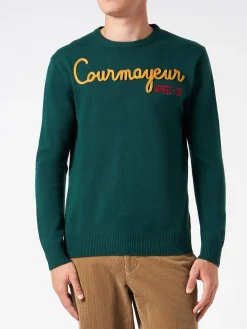 Herrenpullover mit Rundhalsausschnitt und Courmayeur Après Ski-Stickerei