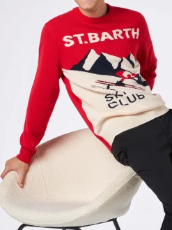 Herrenpullover mit Rundhalsausschnitt und Postkarten-Jacquarddruck des St. Barth Ski Club