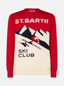 Herrenpullover mit Rundhalsausschnitt und Postkarten-Jacquarddruck des St. Barth Ski Club