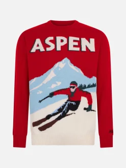 Herrenpullover mit Rundhalsausschnitt und Aspen-Postkarten-Jacquarddruck