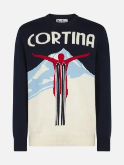 Herren-Pullover mit Rundhalsausschnitt und Cortina-Postkarten-Jacquard-Druck