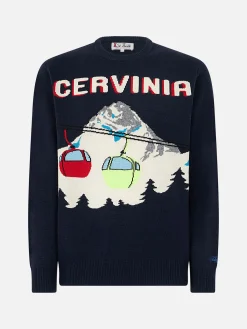 Herren-Pullover mit Rundhalsausschnitt und Cervinia-Postkarten-Jacquard-Druck