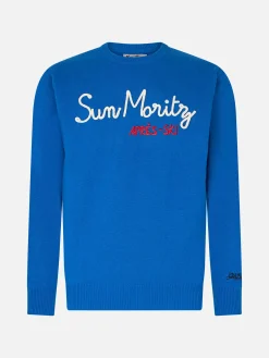 Herrenpullover mit Rundhalsausschnitt und Sun Moritz Après Ski-Stickerei