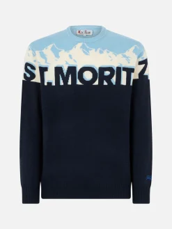 Herren-Pullover mit Rundhalsausschnitt und Jacquard-Print mit St. Moritz-Postkarte