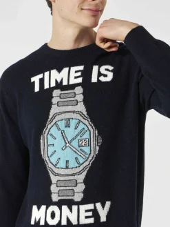 Herrenpullover mit „Time is Money“-Stickerei