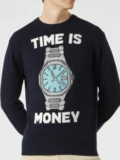 Herrenpullover mit „Time is Money“-Stickerei