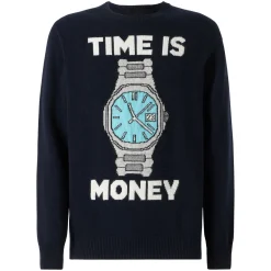 Herrenpullover mit „Time is Money“-Stickerei