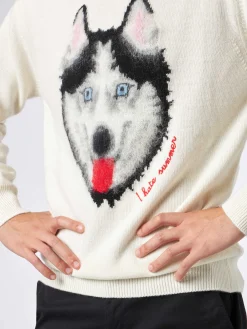 Herrenpullover mit Wolfsprint und „I hate summer “-Stickerei