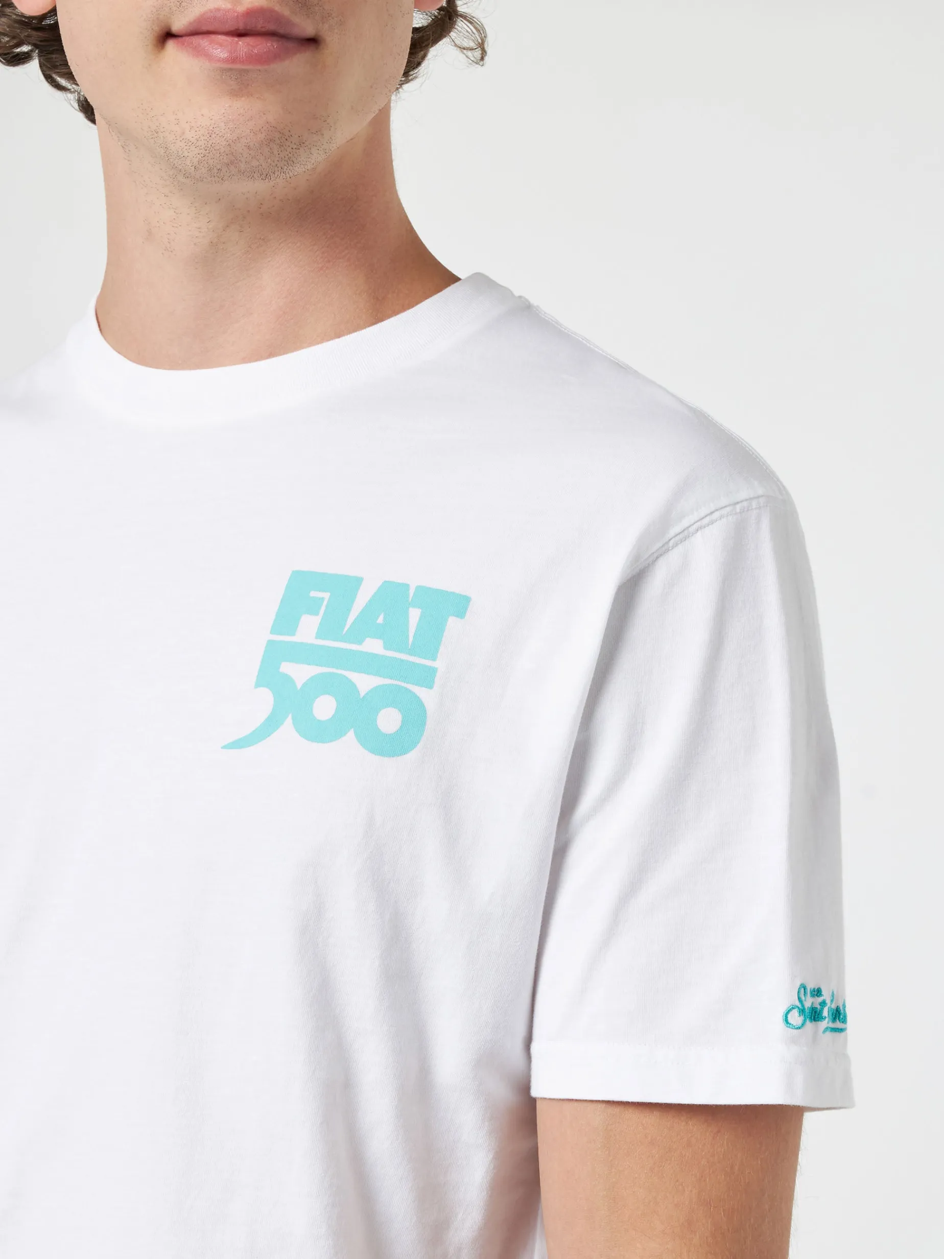 Herren-T-Shirt aus Baumwolle mit platziertem Spiaggina-Aufdruck auf Vorder- und Rückseite | FIAT 500 SONDEREDITION