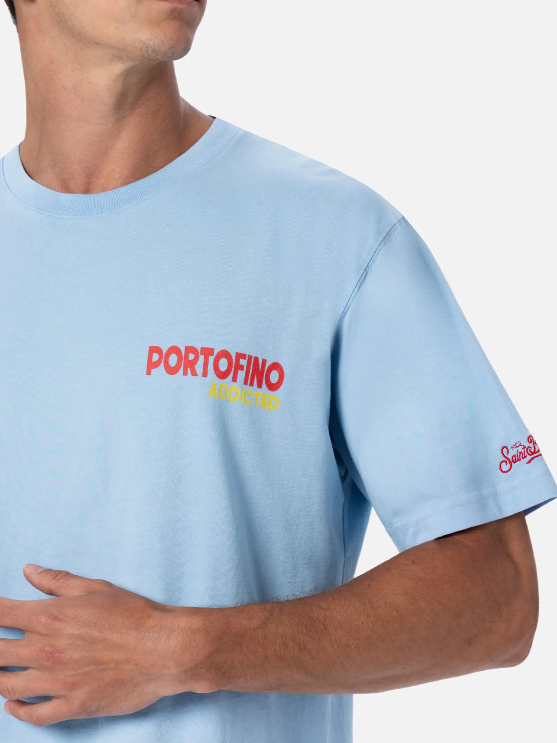 Herren-T-Shirt aus Baumwolle mit platziertem Portofino Addicted-Postkartendruck