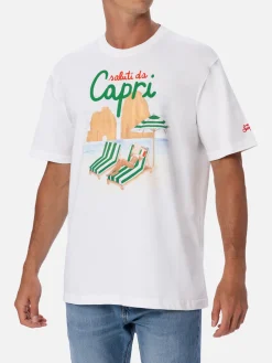 Herren-T-Shirt aus Baumwolle mit platziertem Saluti da Capri-Aufdruck