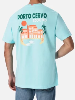 Herren-T-Shirt aus Baumwolle mit platziertem Porto Cervo Addicted-Postkartendruck