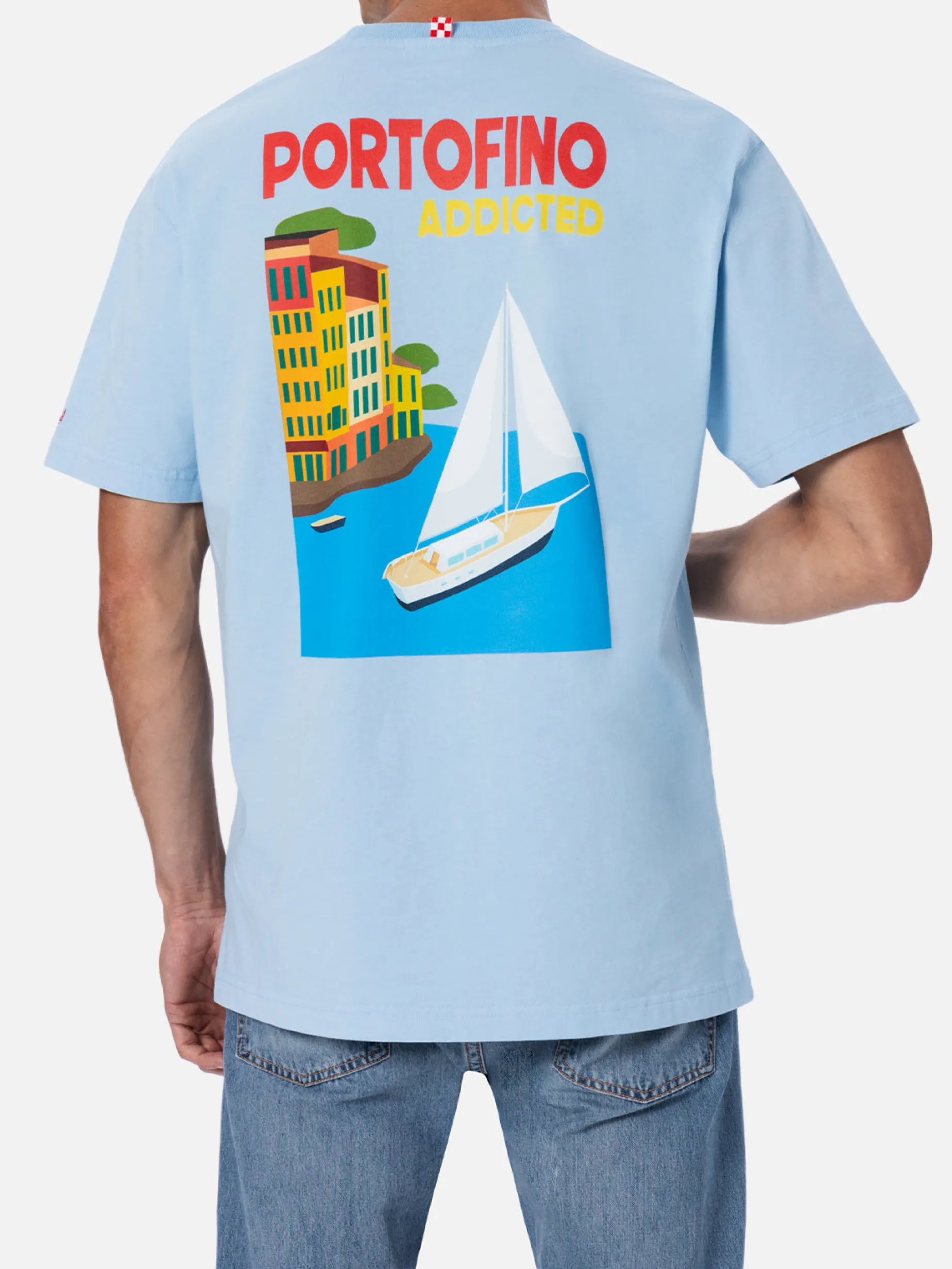 Herren-T-Shirt aus Baumwolle mit platziertem Portofino Addicted-Postkartendruck