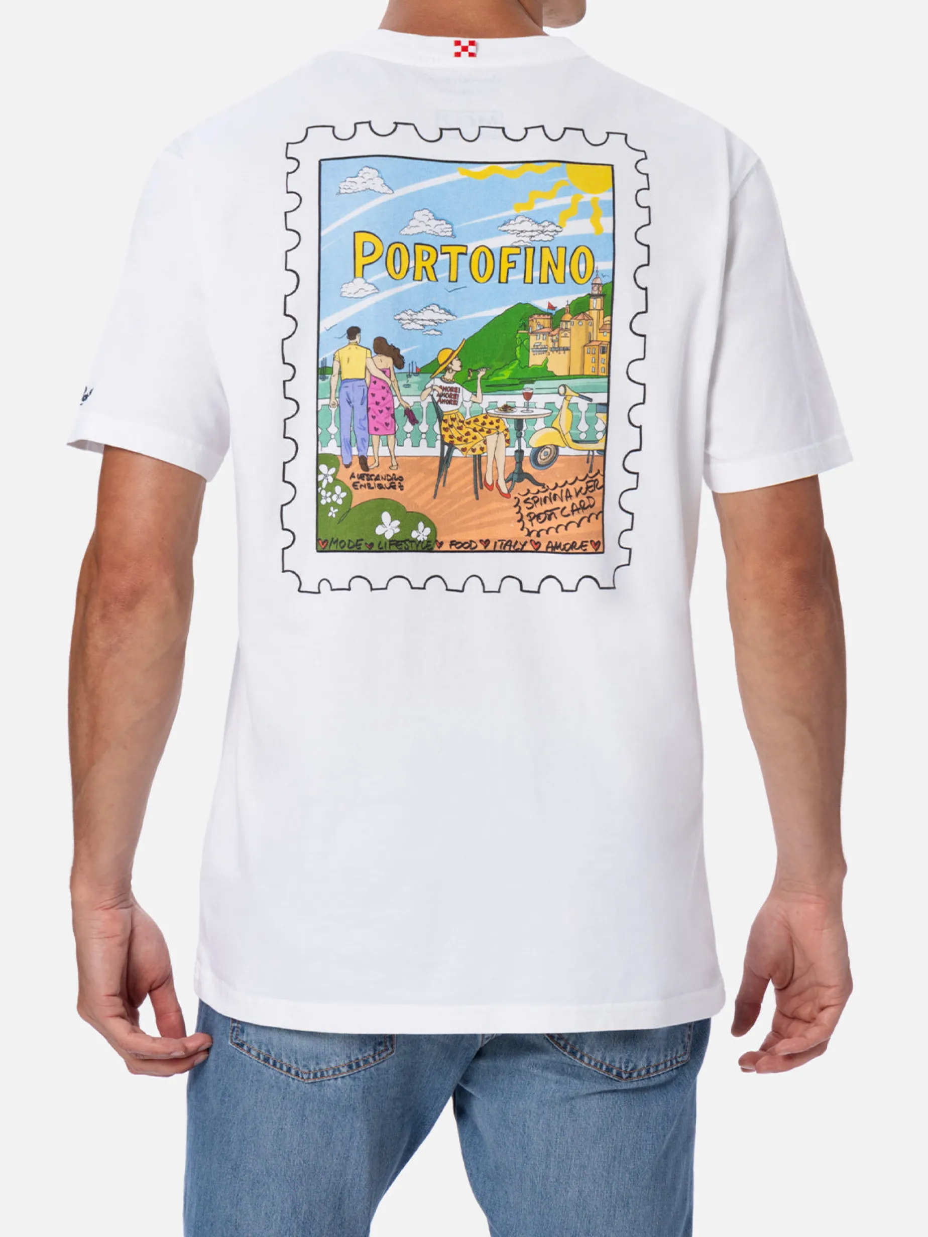 Herren-T-Shirt aus Baumwolle mit Portofino-Postkartendruck auf Vorder- und Rückseite | ALESSANDRO ENRIQUEZ SONDERAUSGABE
