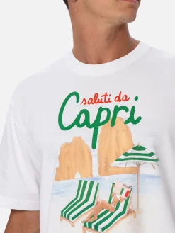 Herren-T-Shirt aus Baumwolle mit platziertem Saluti da Capri-Aufdruck
