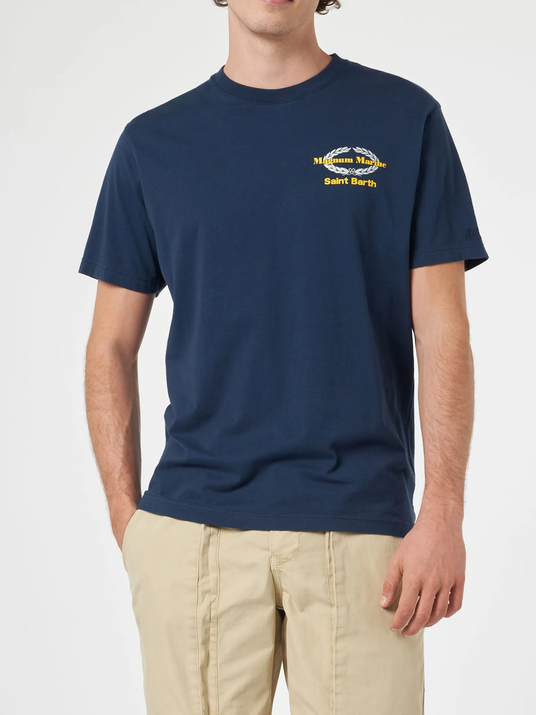 Herren-T-Shirt aus Baumwolle mit Magnum Marine & Saint Barth-Aufdruck auf Vorder- und Rückseite | MAGNUM MARINE SONDEREDITION