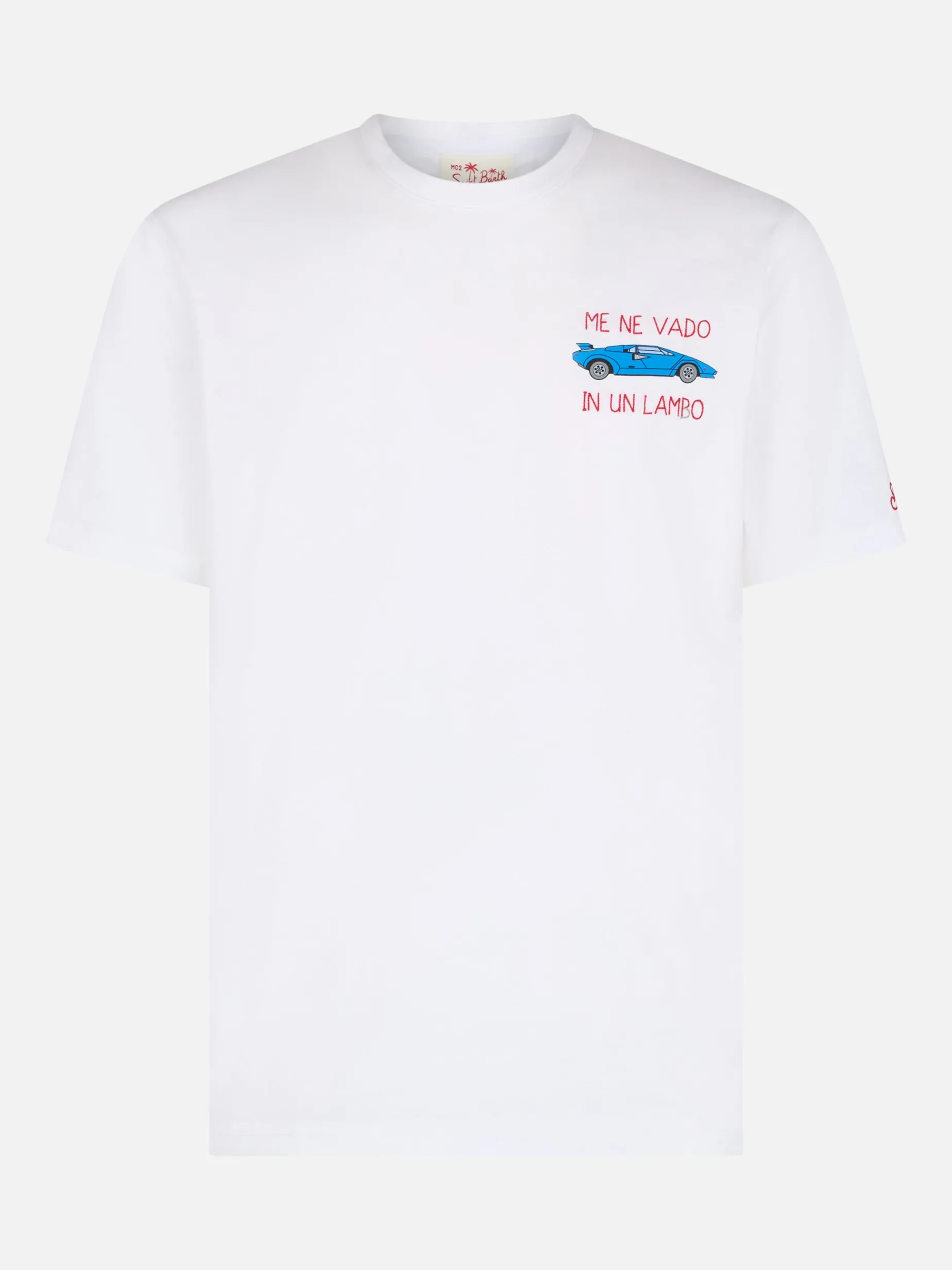 Herren-T-Shirt aus Baumwolle mit der Stickerei „Me ne vado in un lambo“ und dem Aufdruck „Car Placed“.