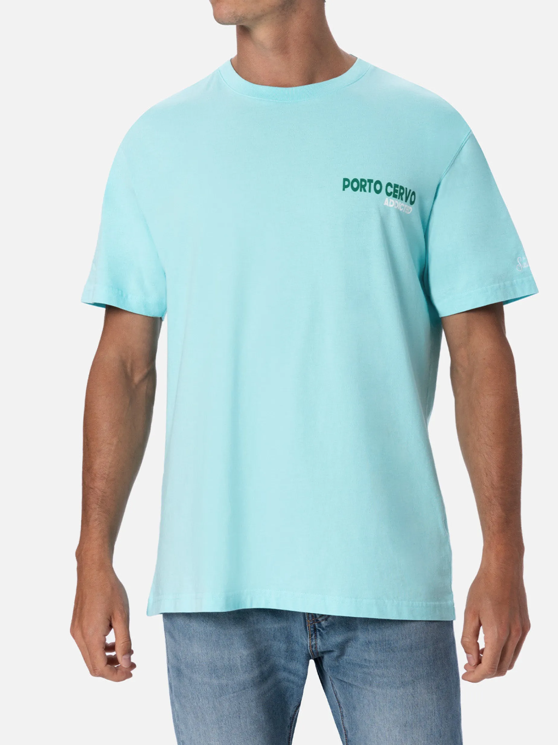 Herren-T-Shirt aus Baumwolle mit platziertem Porto Cervo Addicted-Postkartendruck