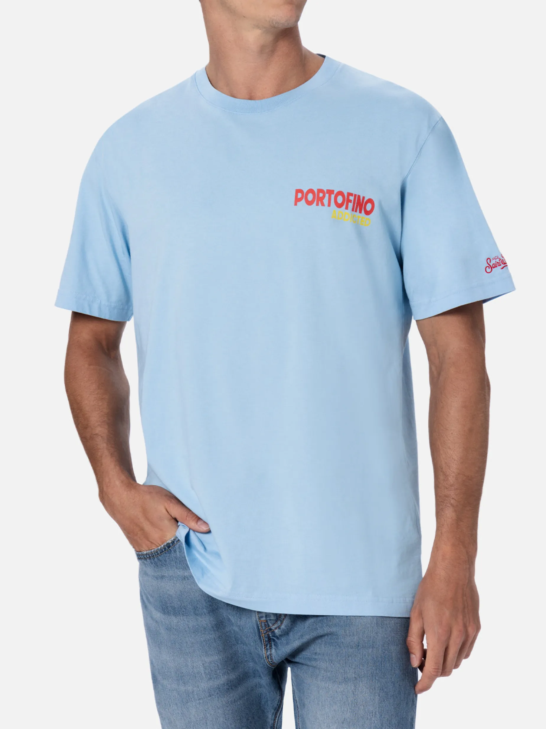 Herren-T-Shirt aus Baumwolle mit platziertem Portofino Addicted-Postkartendruck