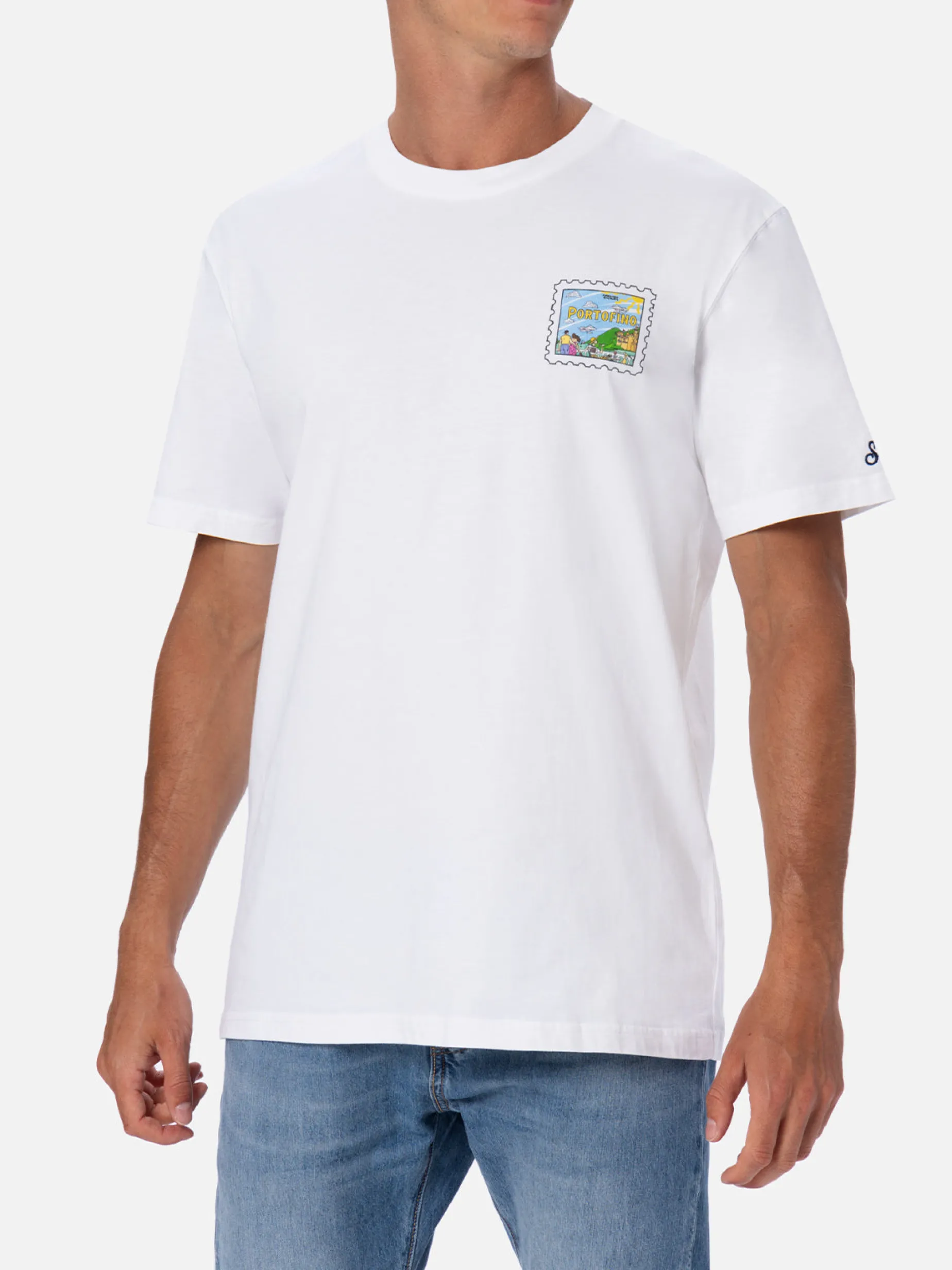Herren-T-Shirt aus Baumwolle mit Portofino-Postkartendruck auf Vorder- und Rückseite | ALESSANDRO ENRIQUEZ SONDERAUSGABE