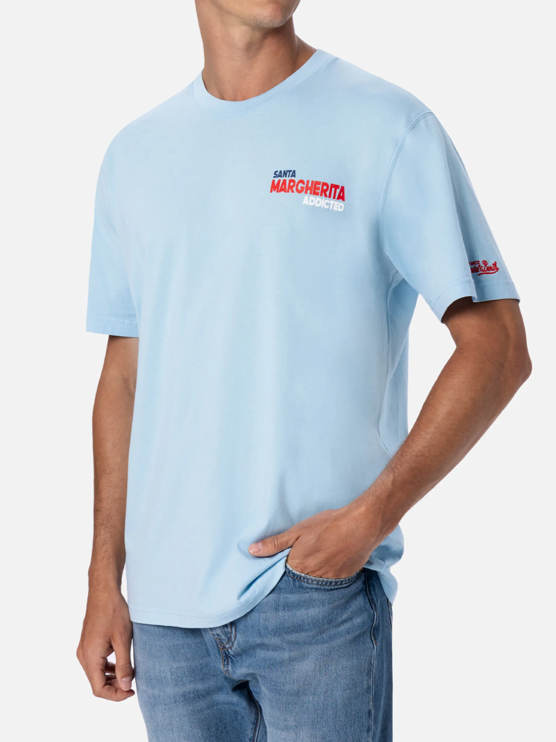 Herren-T-Shirt aus Baumwolle mit platziertem Santa Margherita Addicted-Postkartendruck
