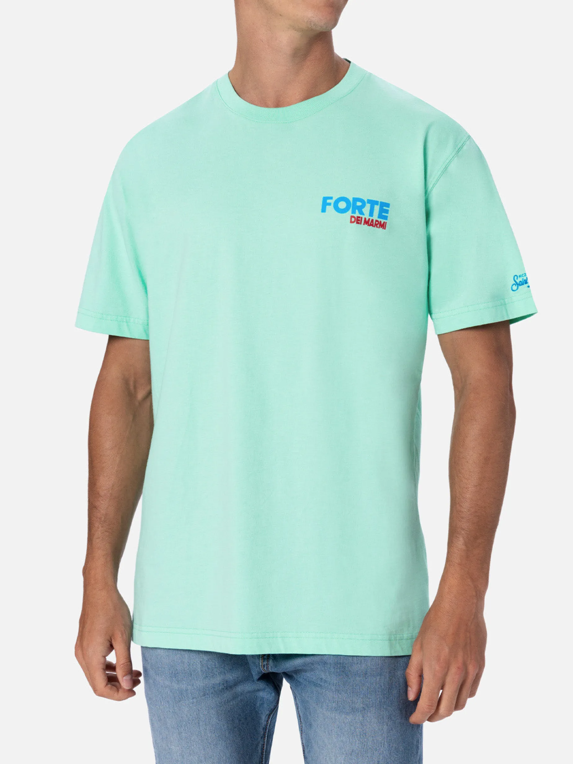 Herren-T-Shirt aus Baumwolle mit platziertem Forte dei Marmi-Postkartendruck