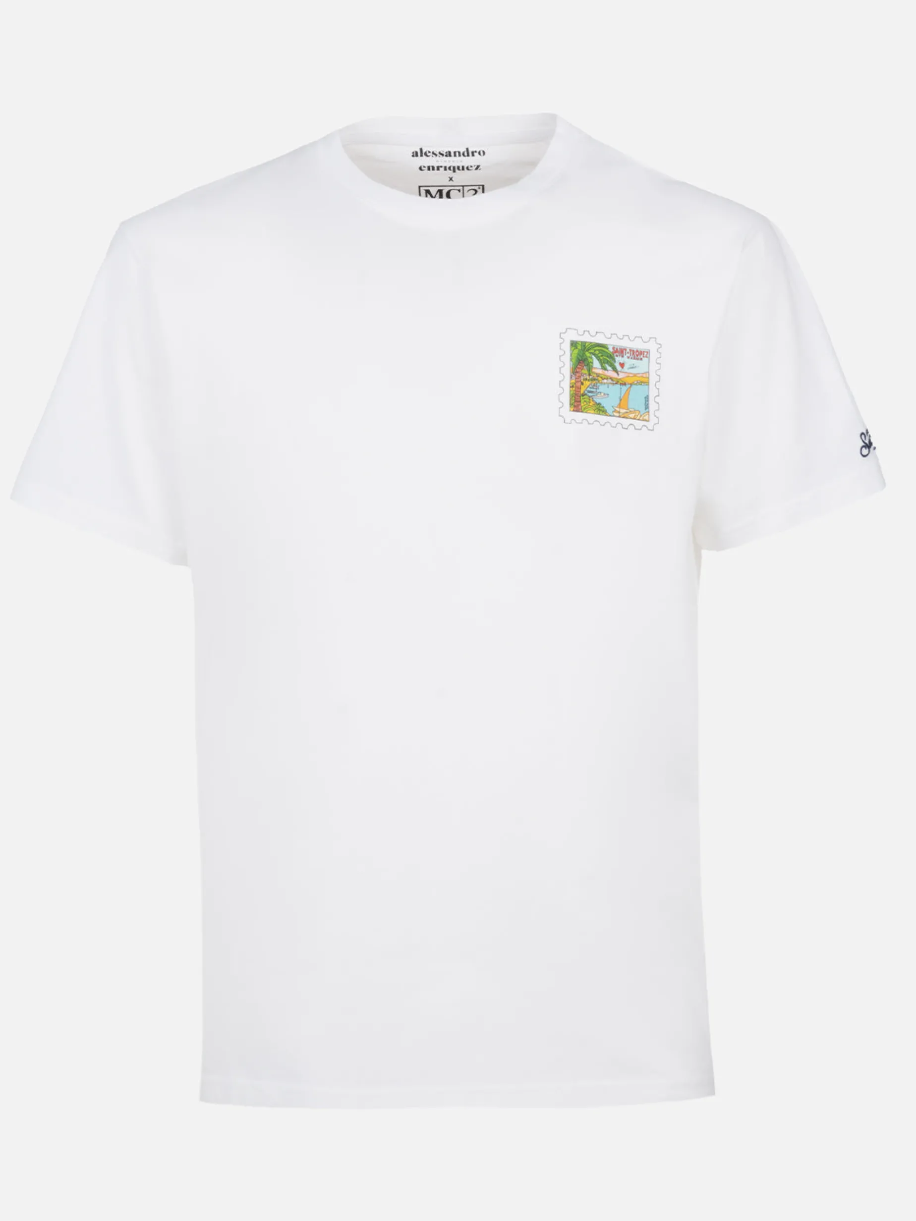 Herren-T-Shirt aus Baumwolle mit St.-Tropez-Postkartendruck auf Vorder- und Rückseite | ALESSANDRO ENRIQUEZ SONDERAUSGABE