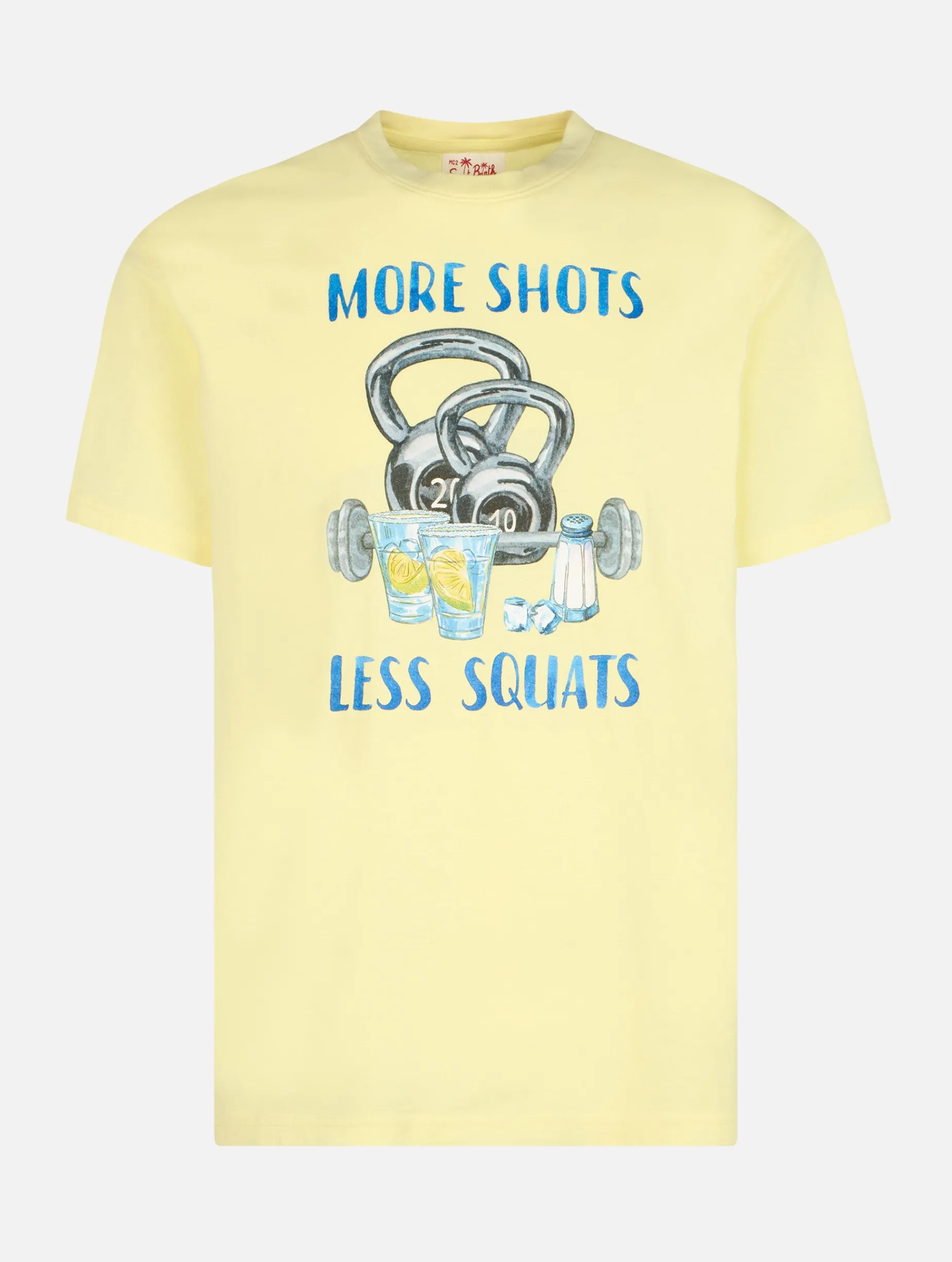 Herren-T-Shirt aus Baumwolle mit platziertem „More Shots Less Squats“-Aufdruck