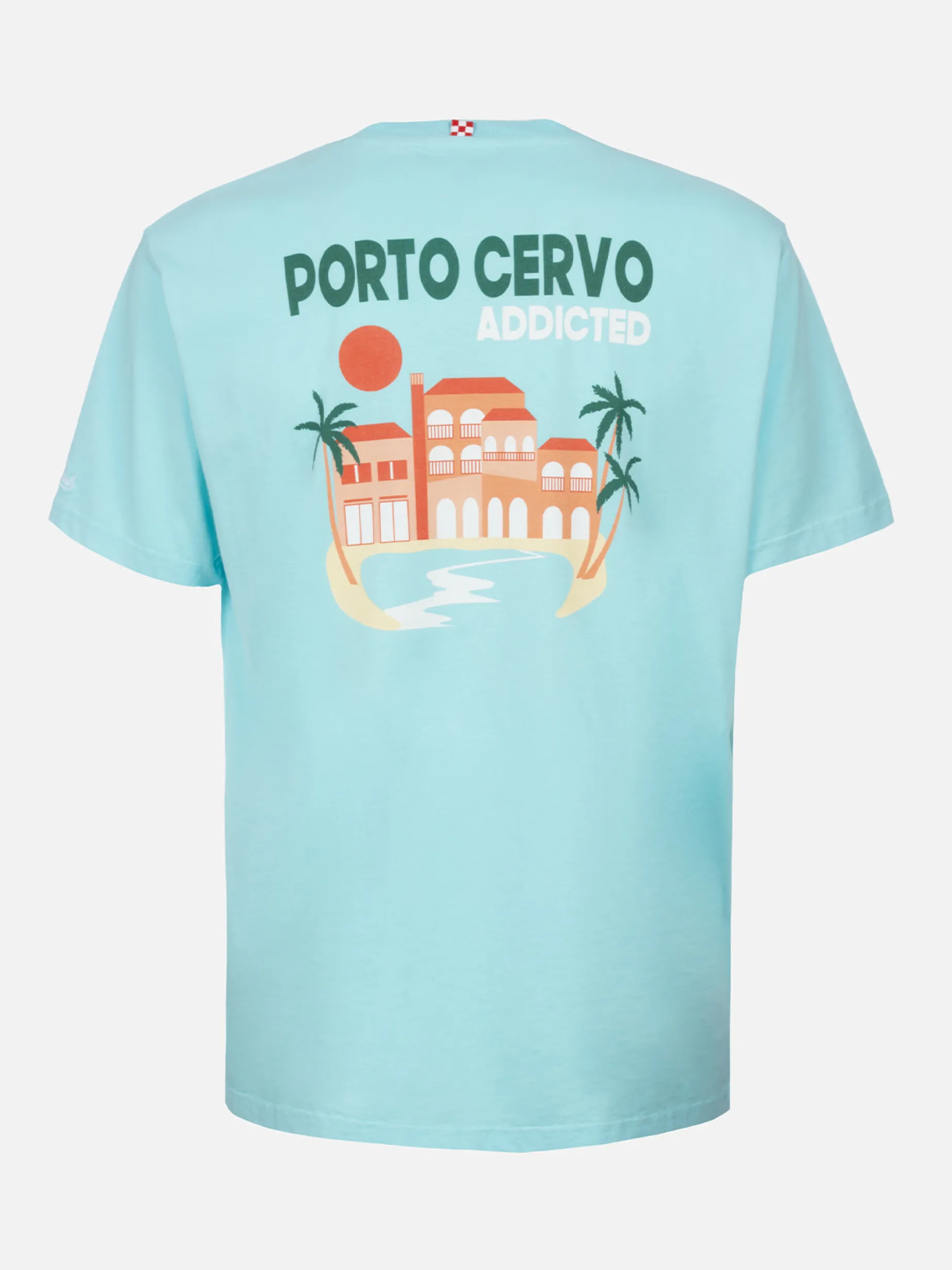 Herren-T-Shirt aus Baumwolle mit platziertem Porto Cervo Addicted-Postkartendruck