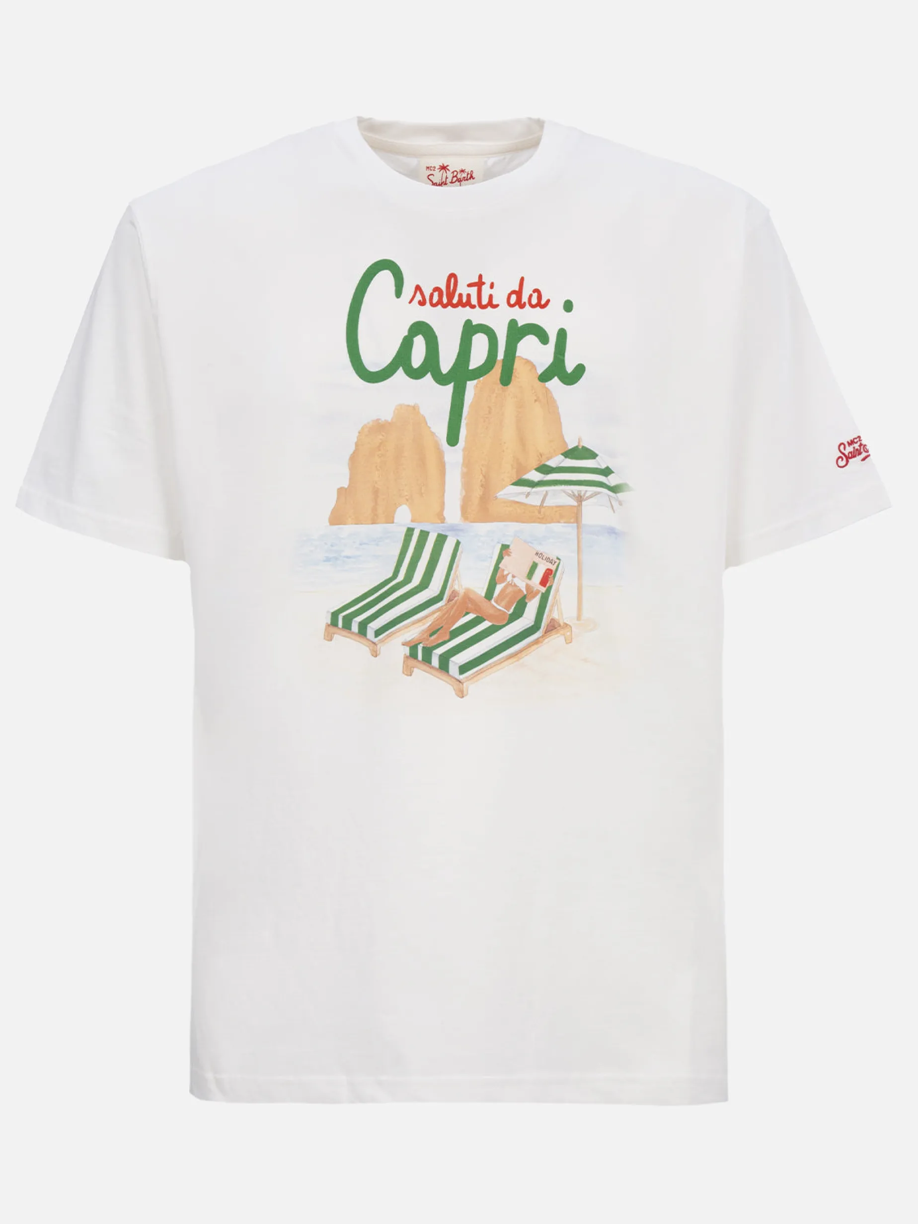 Herren-T-Shirt aus Baumwolle mit platziertem Saluti da Capri-Aufdruck