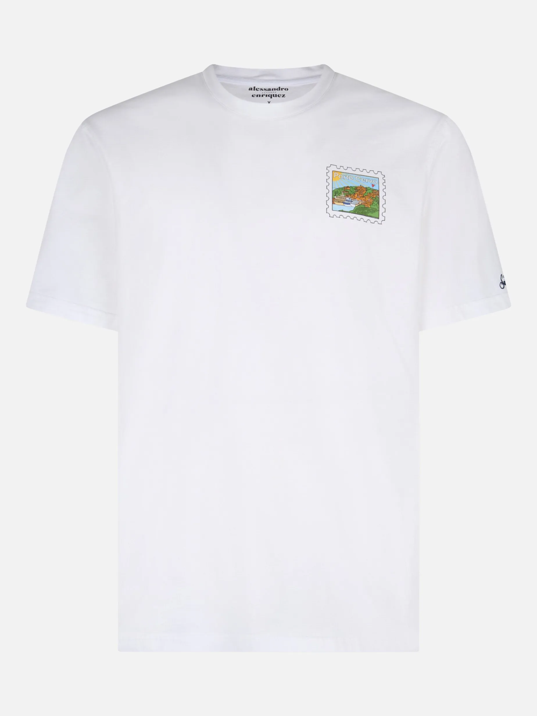 Herren-T-Shirt aus Baumwolle mit Porto Cervo-Postkartendruck auf Vorder- und Rückseite | ALESSANDRO ENRIQUEZ SONDERAUSGABE