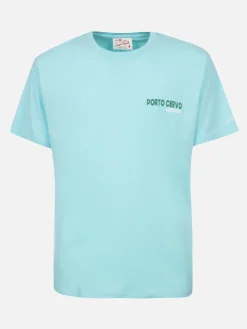 Herren-T-Shirt aus Baumwolle mit platziertem Porto Cervo Addicted-Postkartendruck