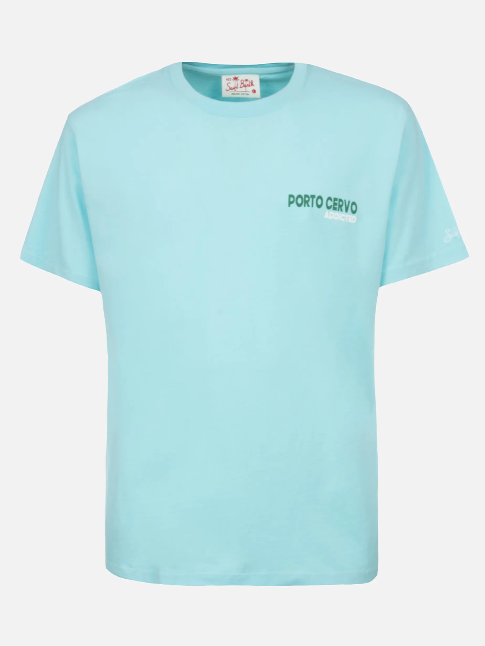 Herren-T-Shirt aus Baumwolle mit platziertem Porto Cervo Addicted-Postkartendruck