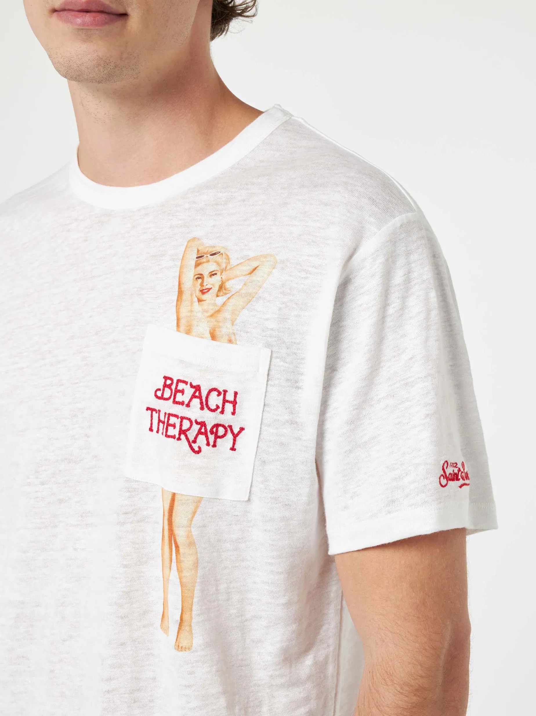 Herren-T-Shirt aus Leinenjersey Ecstasea mit bedruckter und bestickter Tasche