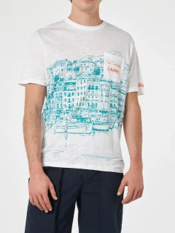 Herren-T-Shirt aus Leinenjersey Ecstasea mit platziertem Cannes-Aufdruck und gestickter Tasche
