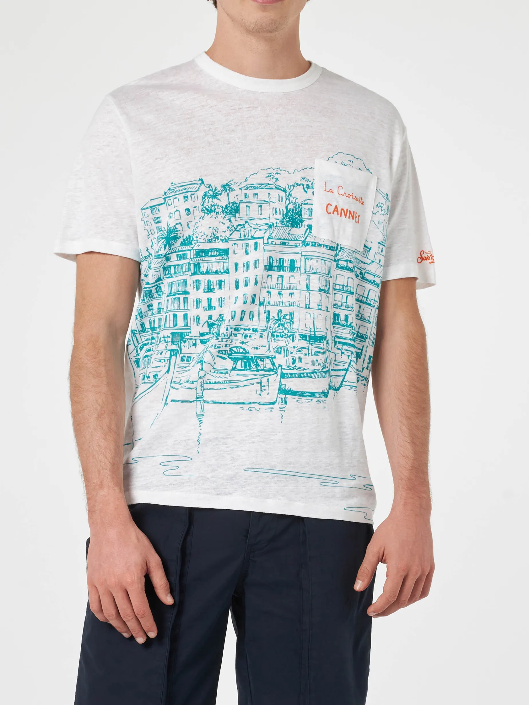 Herren-T-Shirt aus Leinenjersey Ecstasea mit platziertem Cannes-Aufdruck und gestickter Tasche