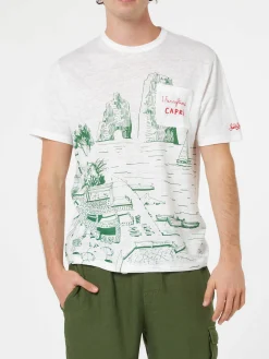 Herren-T-Shirt aus Leinenjersey Ecstasea mit platziertem Capri-Aufdruck und gestickter Tasche