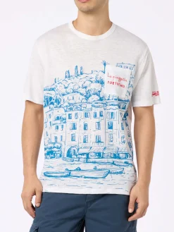 Herren-T-Shirt aus Leinenjersey Ecstasea mit platziertem Portofino-Aufdruck und gestickter Tasche
