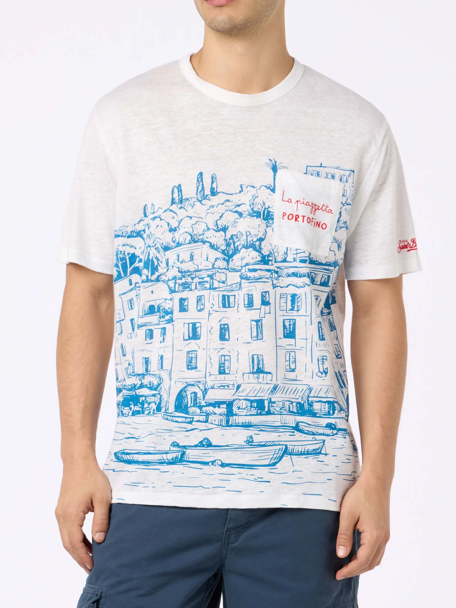 Herren-T-Shirt aus Leinenjersey Ecstasea mit platziertem Portofino-Aufdruck und gestickter Tasche