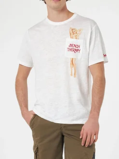 Herren-T-Shirt aus Leinenjersey Ecstasea mit bedruckter und bestickter Tasche