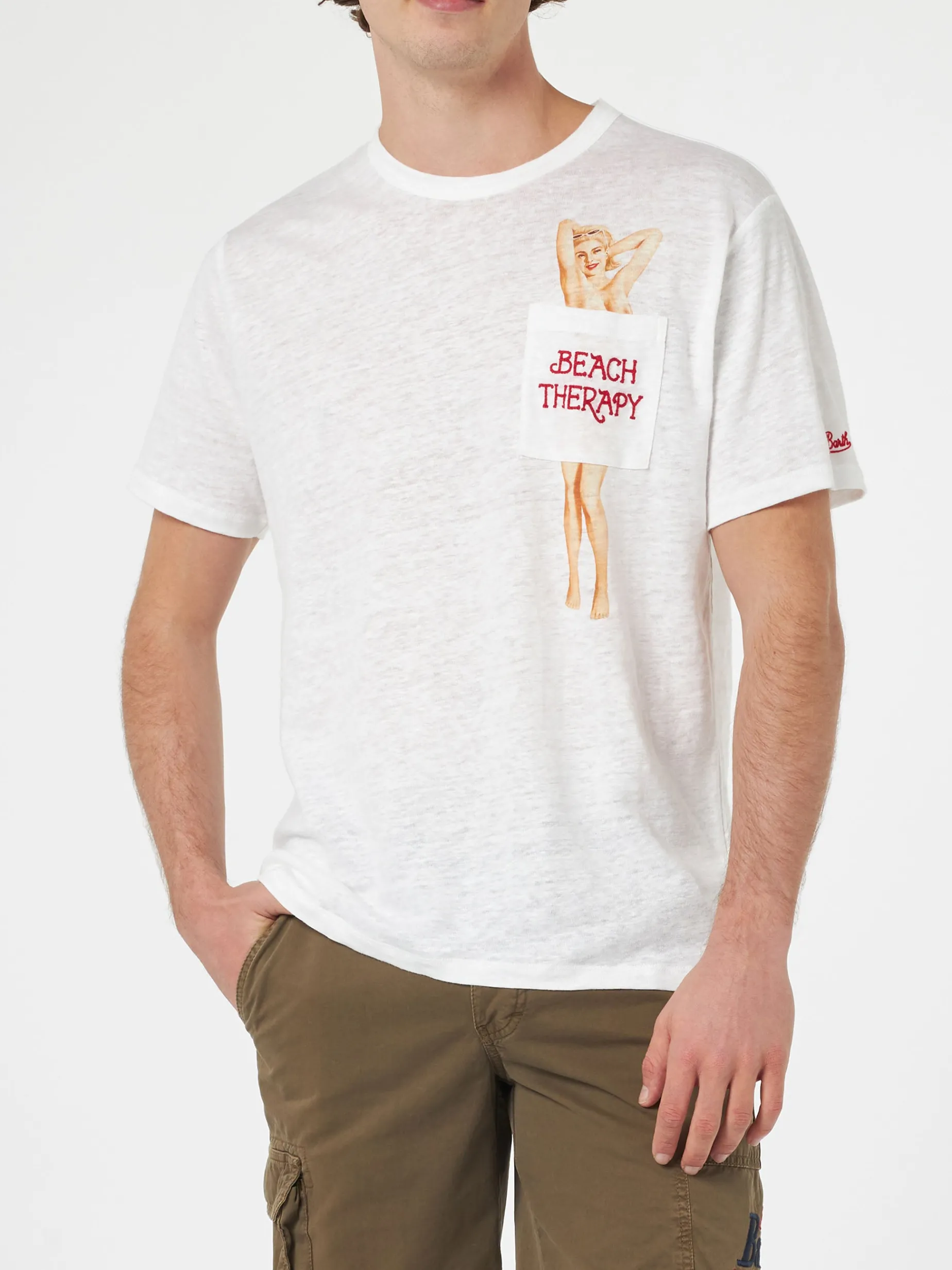 Herren-T-Shirt aus Leinenjersey Ecstasea mit bedruckter und bestickter Tasche