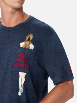 Herren-T-Shirt aus Leinenjersey Ecstasea mit bedruckter und bestickter Tasche