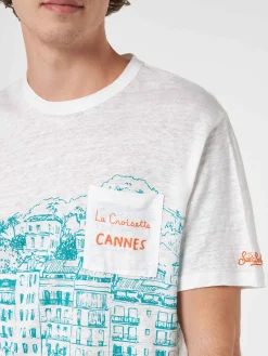 Herren-T-Shirt aus Leinenjersey Ecstasea mit platziertem Cannes-Aufdruck und gestickter Tasche