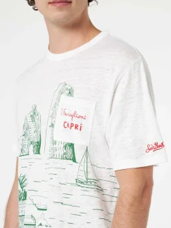 Herren-T-Shirt aus Leinenjersey Ecstasea mit platziertem Capri-Aufdruck und gestickter Tasche