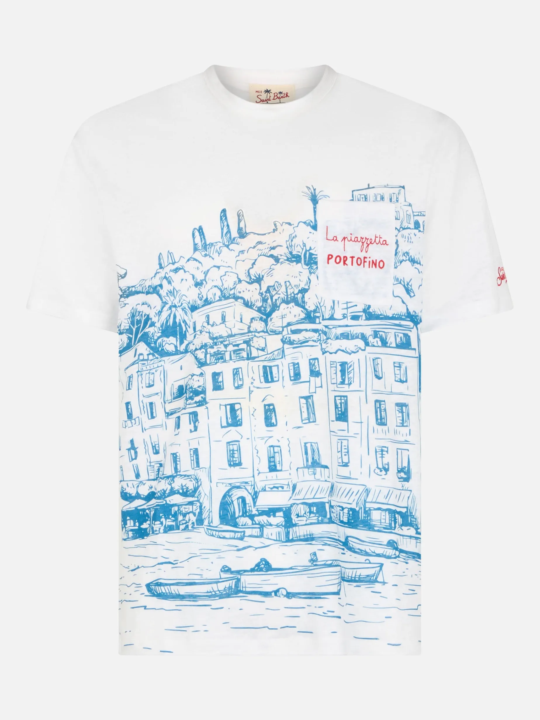 Herren-T-Shirt aus Leinenjersey Ecstasea mit platziertem Portofino-Aufdruck und gestickter Tasche
